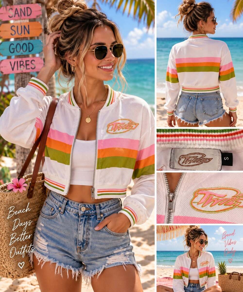 Twiley Zip Up Jacket Size S White Summer Sorbet Striped Track Bomber
